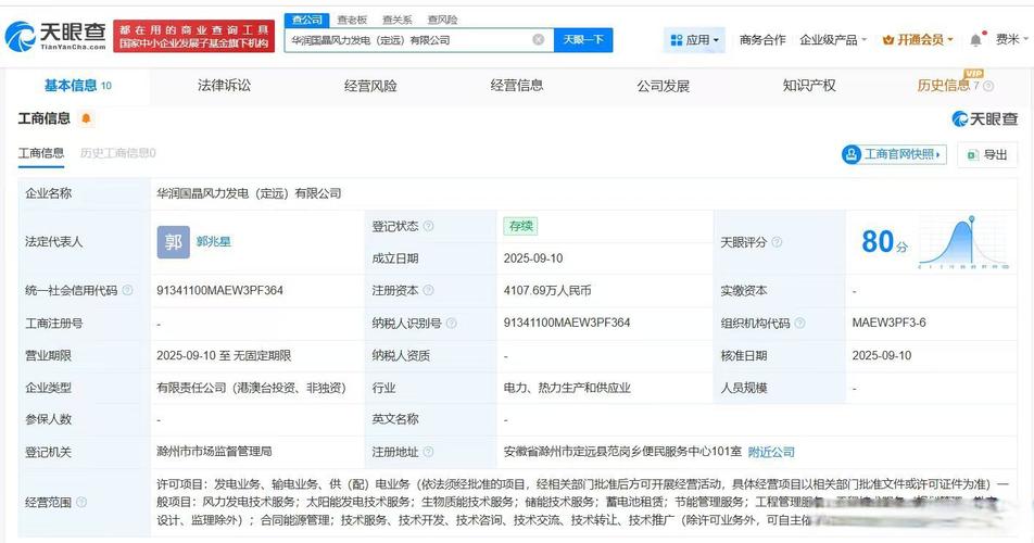注册资本约4108万人民币,经营范围包括风力发电技术服务,太阳能发电